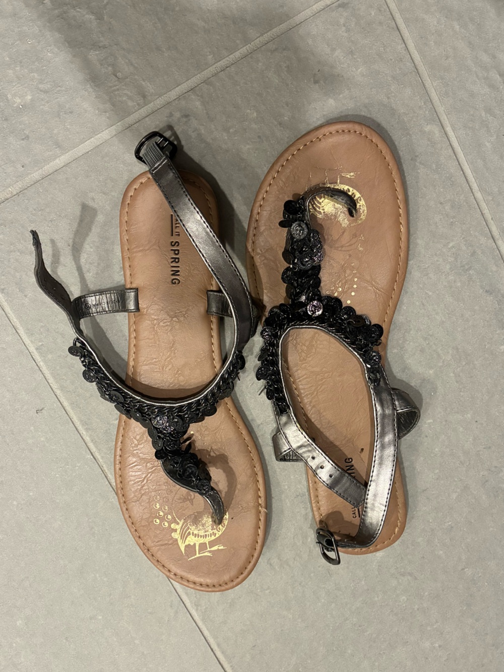 VINTAGE Call It Spring Metallic Silver Strap Sandals with Black Metal Coin Trim